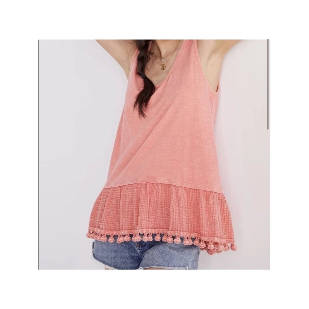 Eri + Ali Anthropologie Coral Pom Pom Hem Tank Top Small Boho Cotton